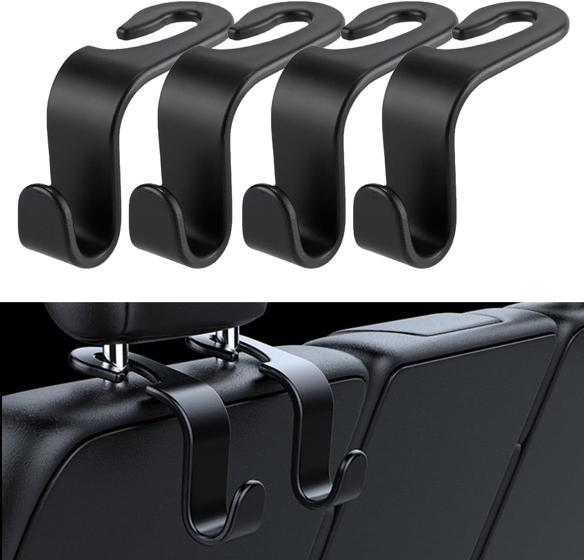 ECVV Car Seat Headrest Hooks for Back Organizer Hanger Storage Hook Purse Holder fit Universal Vehicle Women Bag Clothes Coats Grocery Bags 4 Pack (Black)