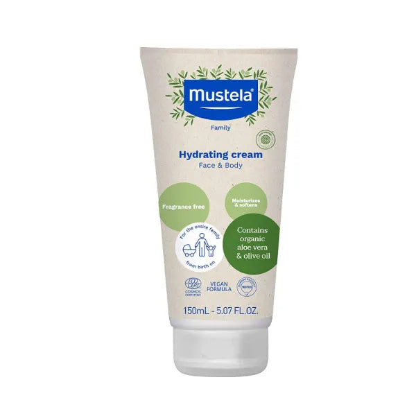 Mustela Certified Organic Hydrating Cream - Natural Body Lotion w/ Olive Oil, Aloe Vera & Sunflower Oil - For Baby, Kid & Adult - Fragrance Free - 150ML