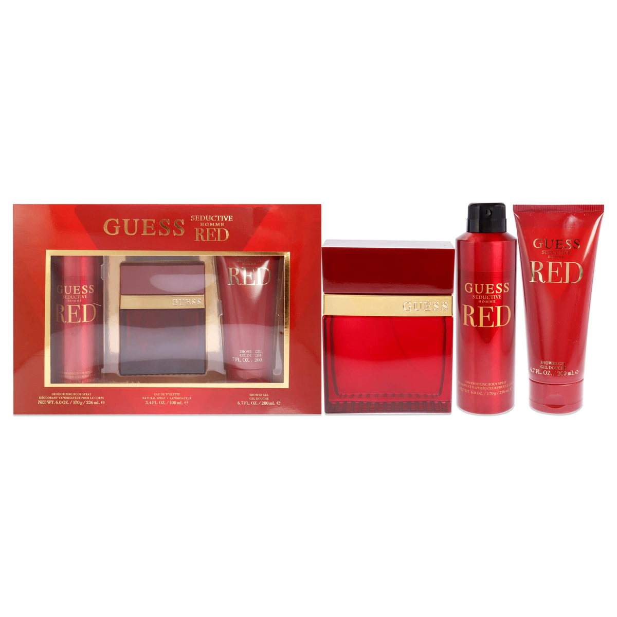 Guess Guess Seductive Homme Red Men 3.4oz EDT Spray, 6.0oz Body Spray, 6.7oz Shower Gel 3 Pc Gift Set