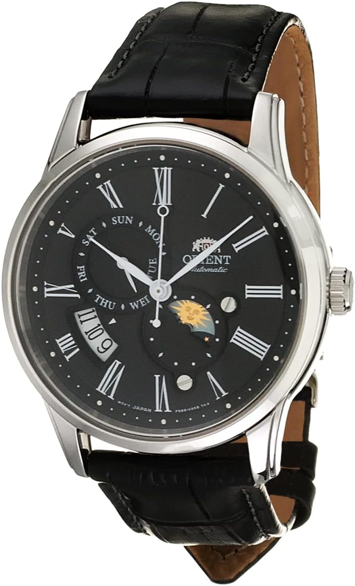 Orient RA-AK0010B10B Classic Sun and Moon Automatic Leather Watch for Men, Black/Silver