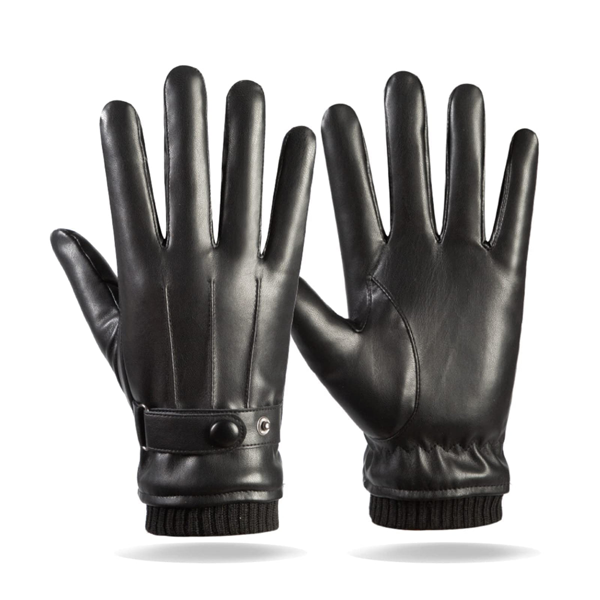 Gloves Winter, Men's Winter Warm Touchscreen Leather Gloves Adjustable Thermal Driving PU Leather Gloves - Black
