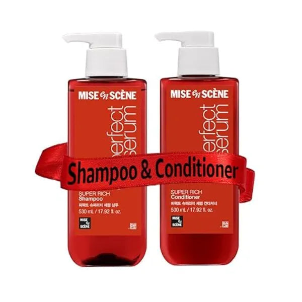 Mise En Scene Perfect Serum Super Rich Shampoo and Conditioner SET Korean Shampoo for Severely Damaged Hair Anti Frizz, Hydrating, Nourishing Korean Hair Care with Moroccan Oil, Jojoba Seed