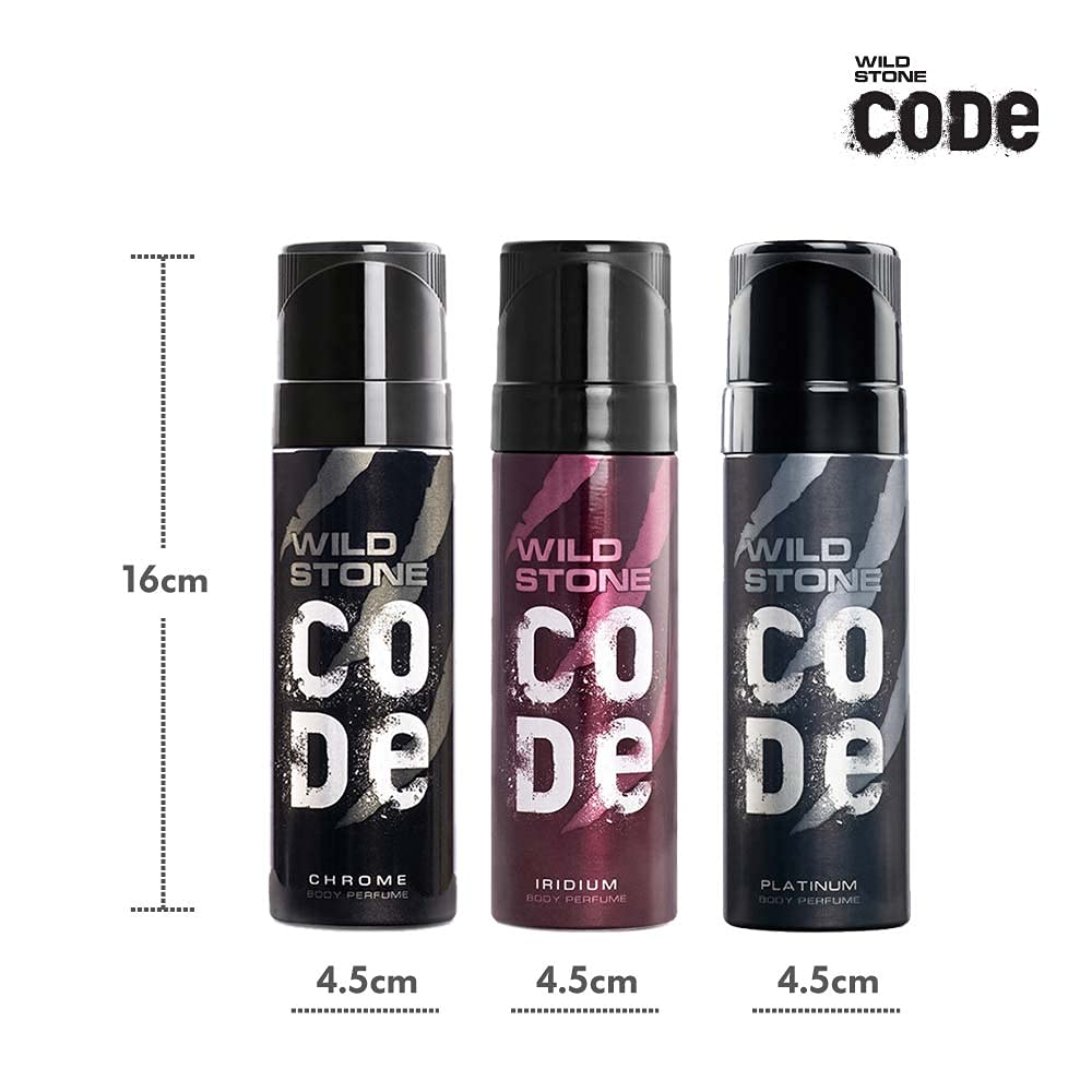 Wild Stone Code Chrome, Iridium & Platinum No Gas Body Perfume Combo for Men, Pack of 3 (120 ml each)