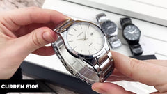 CURREN Men's Analog Watch Stainless Steel Case White Dial Date Window Stainless Steel Bracelet - Silver