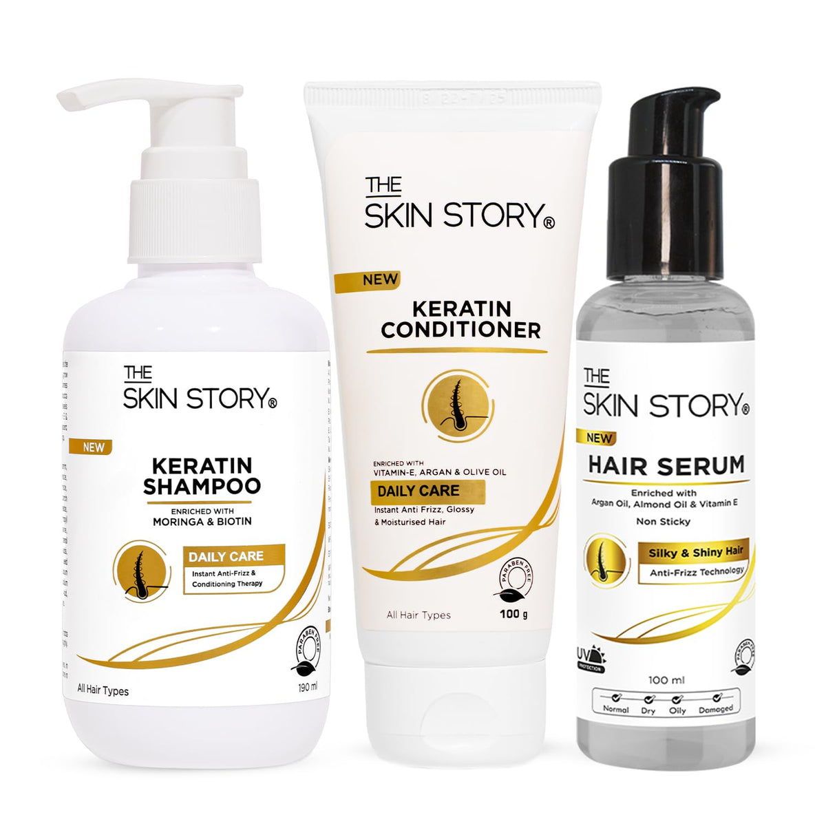 The Skin Story Daily Hair Care Kit (Keratin Shampoo 190ml, Keratin Conditioner, Hair Serum)