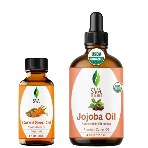 SVA ORGANICS Carrot Seed Oil 1 oz & Jojoba Oil 4oz Bundle Combo – Premium Grade Bundle Set for Hair Oiling, Scalp Massage, Hair Care, Face, Skin Care and Body Massage