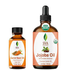 SVA ORGANICS Carrot Seed Oil 1 oz & Jojoba Oil 4oz Bundle Combo – Premium Grade Bundle Set for Hair Oiling, Scalp Massage, Hair Care, Face, Skin Care and Body Massage