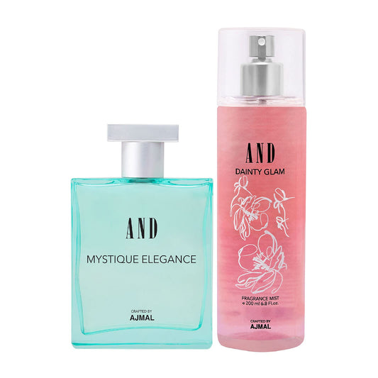 AND Mystique Elegance Eau De Parfum 100ML & Dainty Glam Body Mist 200ML Pack of 2 for Women Crafted by Ajmal + 2 Parfum Testers