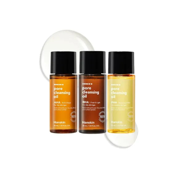 Hanskin PHA/BHA/AHA Trial Size Pore Cleansing Oil, Gentle Blackhead Cleanser and Makeup Remover for Combination and Oily Skin Travel Size Mini Makeup Remover Set 1 oz/Pack of 3