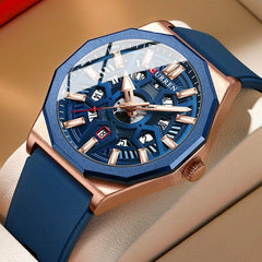 CURREN Men's quartz, sports brand Luxury Original Waterproof with calendar and rubber strap, 8437 - Blue