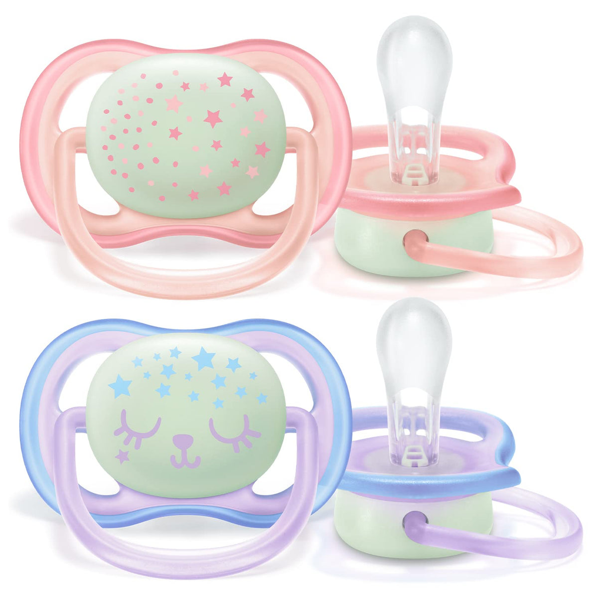 Philips Avent Soothers, 0-6m Ultra Air Night Soother with Glow-in-the-Dark Button, Star/Bear Design, Pink/Purple (Pack of 2) - SCF376/12