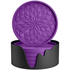 ME.FAN Silicone Coasters with Holder,[6 Pack] Drinking Coasters - Cup Mat for Hot or Cold Drinks, Thickened, Non-Slip, Non-stick,Deep Tray Dark Purple