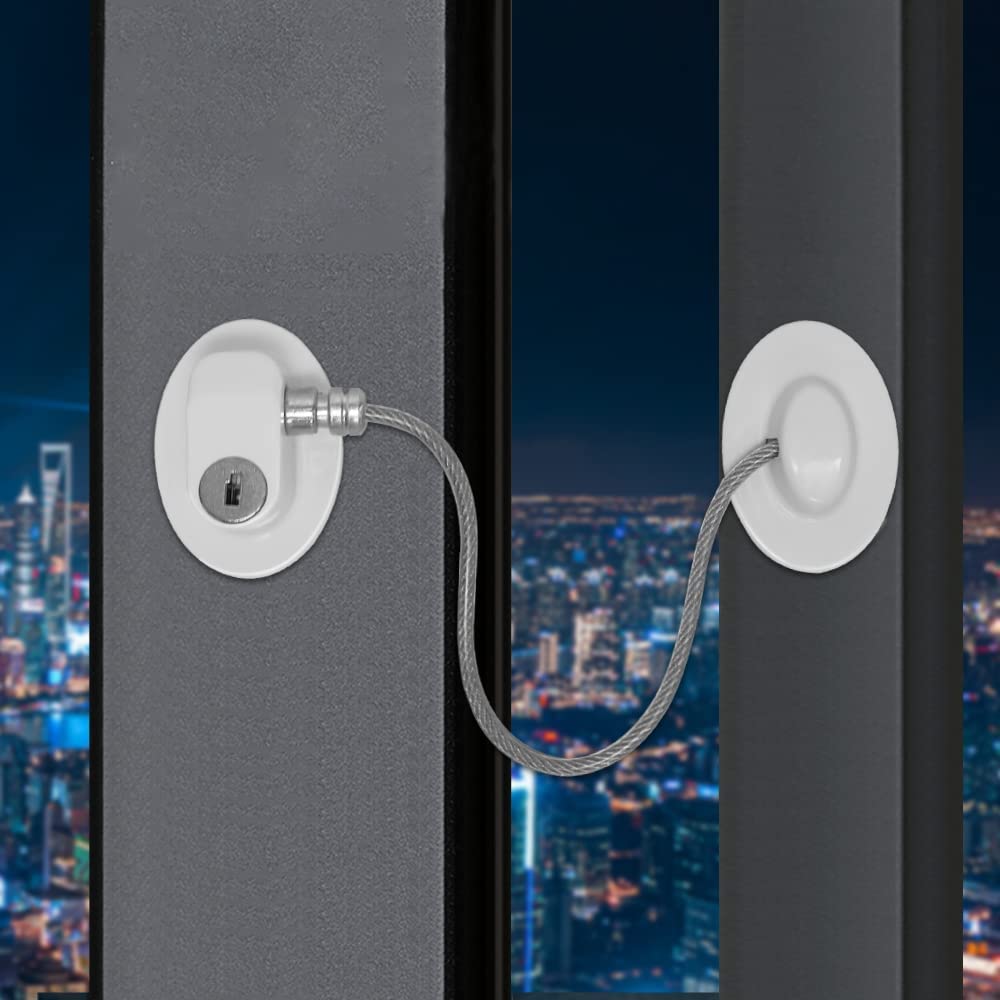 ELECDON Window Locks Child Safety Self Adhesive Baby Window Restrictors for UPVC No Drilling Window Safety Locks with Key Cable Lock Pet Window Restrictor Kids Refrigerator Lock for Childproof 1 Pack