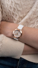 GUESS Ladies Trend Crystal 36mm Watch – Gold-Tone Stainless Steel Case Champagne Dial & Pink Silicone Strap