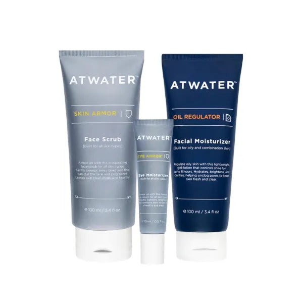 ATWATER Oily Skin Starter Set, Skin Armor Face Scrub, Eye Armor Eye Cream, and Oil Regulator Facial Moisturizer