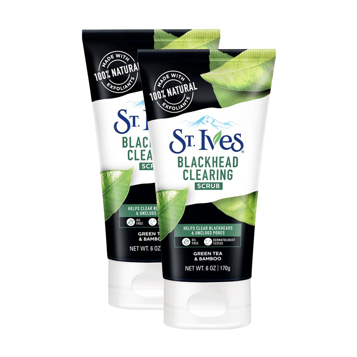 St. Ives Blackhead Clearing Green Tea & Bamboo 3-in-1 Face Scrub with 100% Natural Exfoliants & Salicylic Acid| Medium Exfoliation for Clear Skin| Pack of 2x 170gm