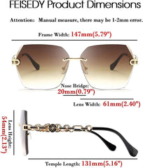 Rimless Sunglasses for Women Metal Square Frame Classic Diamond Grandient lens Eyewear UV Protection Fashion Shades for Women B2567