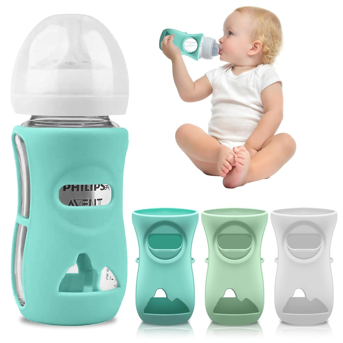 Azonee Silicone Sleeve for Avent Glass Baby Bottles – Anti-Breakage & Scratch-Proof Protector, Compatible with Philips Avent 8oz Glass Natural Baby Bottles, Bpa-Free(White, Blue & Green)