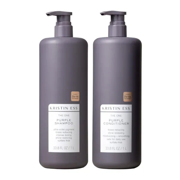 Kristin Ess Hair Purple Shampoo and Conditioner Set for Blonde, Brunette, Silver + Gray Hair, Anti Brass + Yellow Tones, Safe for Color Treated Hair, Sulfate Free Toning Shampoo Conditioner - 1 Liter Each