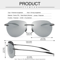 Polarized Sunglasses for Men Women Rimless Frame Driving Glasses UV400 Protection Mirror Lens Shades Sport Eyewear Eyeglasses