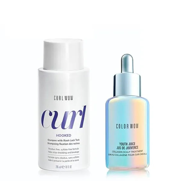 COLOR WOW Anti Shedding Superheroes Set  Ideal 'root-anchor' HOOKED shampoo + YOUTH JUICE anti shedding scalp treatment team up for stronger strands, fortified folicles and reduced breakage