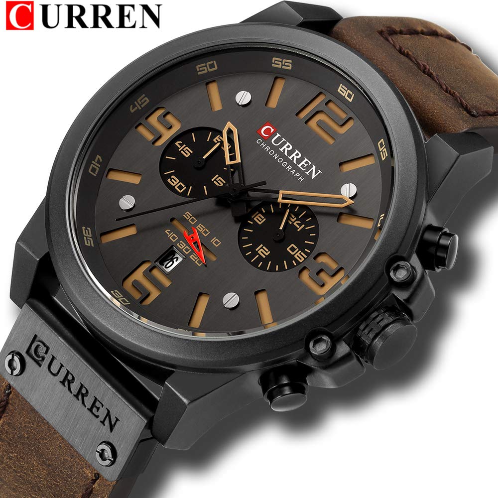 Luxus-Marke Herren Militär Stoppuhr Wasserdicht Leder Chronograph Armbanduhr Herren Mode Quarz Armbanduhr - Coffee color