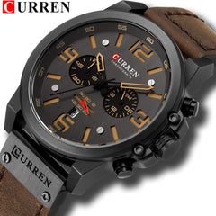 CURREN Dark Brown Chronograph Fashion Trend Multi-Function Waterproof Quartz Watch Leather Strap Military Watch (Coffee)