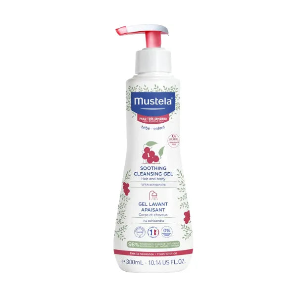 Mustela Baby Soothing Cleansing Gel - Fragrance-Free Hair & Body Wash for Very Sensitive Skin - with Natural Avocado Perseose & Schizandra Berry - 300ML