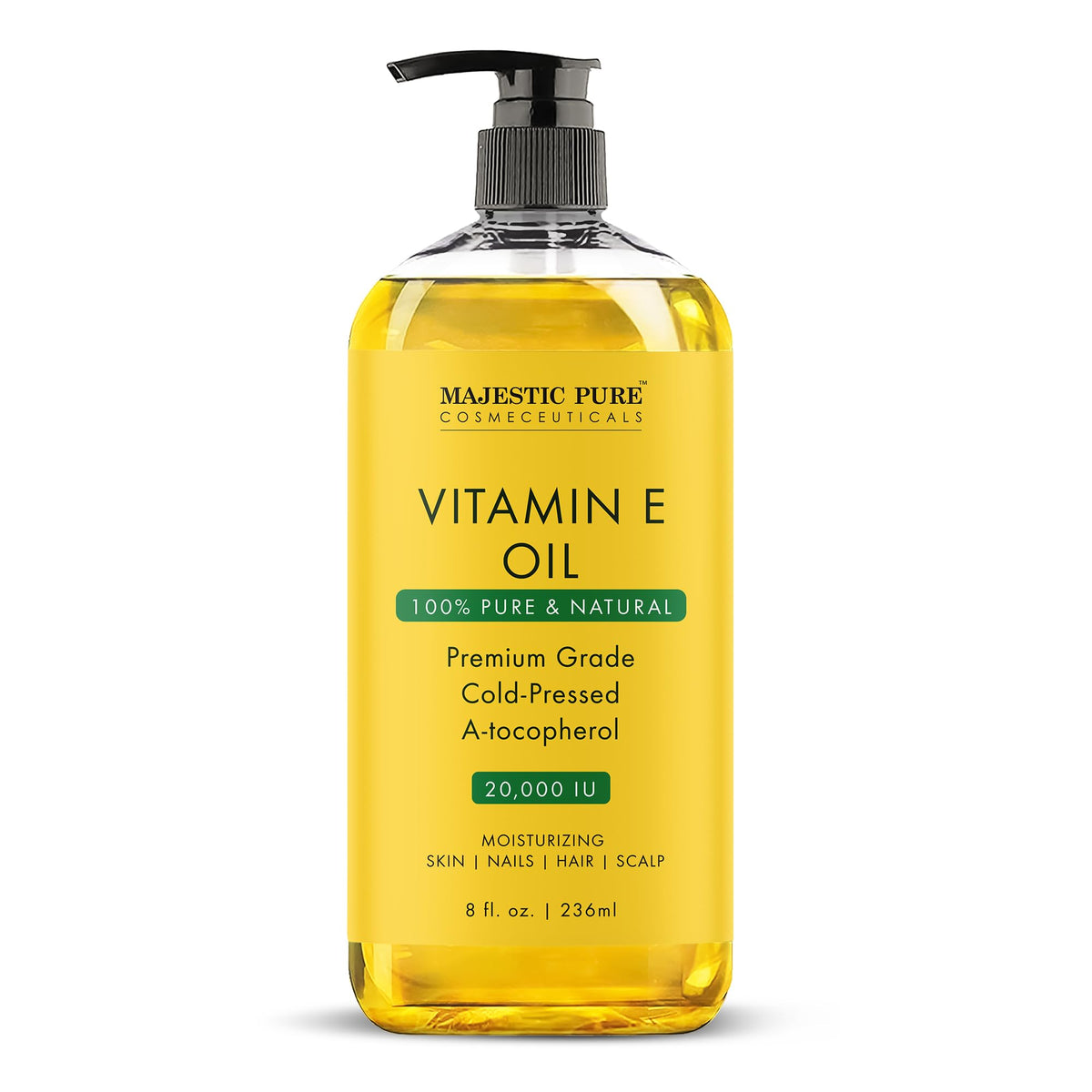 MAJESTIC PURE Vitamin E Oil | Huge 236ML Bottle | 100% Pure and Natural Cold Pressed Vitamin E oil for Skin, Scars, Face, Nails, Hair, Scalp | 20,000 IU | Non-GMO Verified | Hair & Body Oil