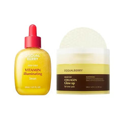 EQQUALBERRY Radiance Boosting Duo Vitamin Illuminating Serum & Collagen Glow Up Gel Toner Pads Niacinamide & Vitamin C for Brightening & Skin Tone Correction