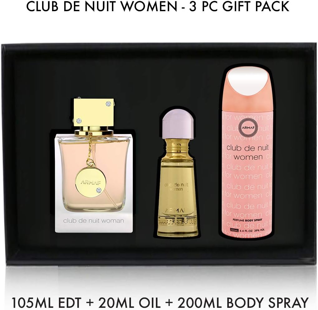 Armaf Perfumes Club De Nuit Woman 3 Piece Gift Set, CDN Eau De Parfum 105ml + CDN Non-Alcoholic Concentrated Luxury French Perfume Oil 20ml + CDN Perfume Body Spray 200ml, perfume for women