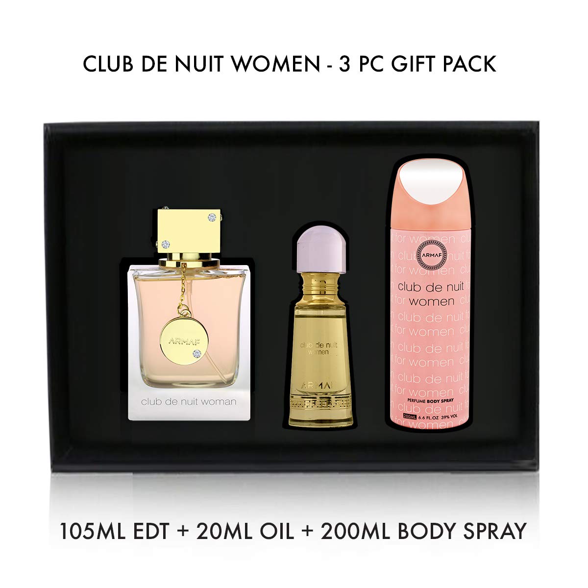 Armaf Perfumes Club De Nuit Woman 3 Piece Gift Set, CDN Eau De Parfum 105ml + CDN Non-Alcoholic Concentrated Luxury French Perfume Oil 20ml + CDN Perfume Body Spray 200ml, perfume for women