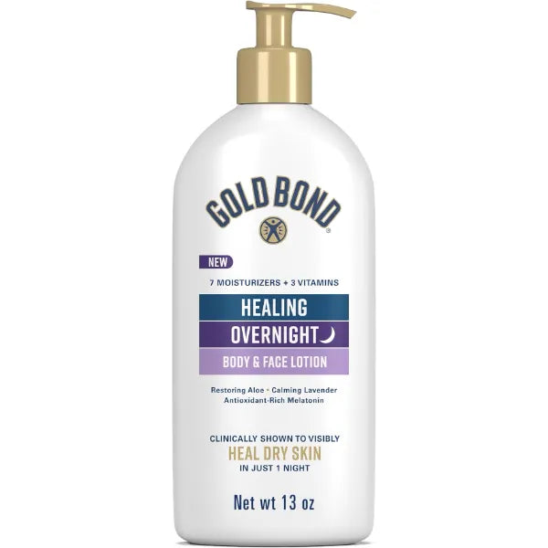 Gold Bond Healing Overnight Body & Face Lotion for Dry Skin, Nongreasy Moisturizer with Hyaluronic Acid, Aloe & Melatonin Works While You Sleep, 13 oz.