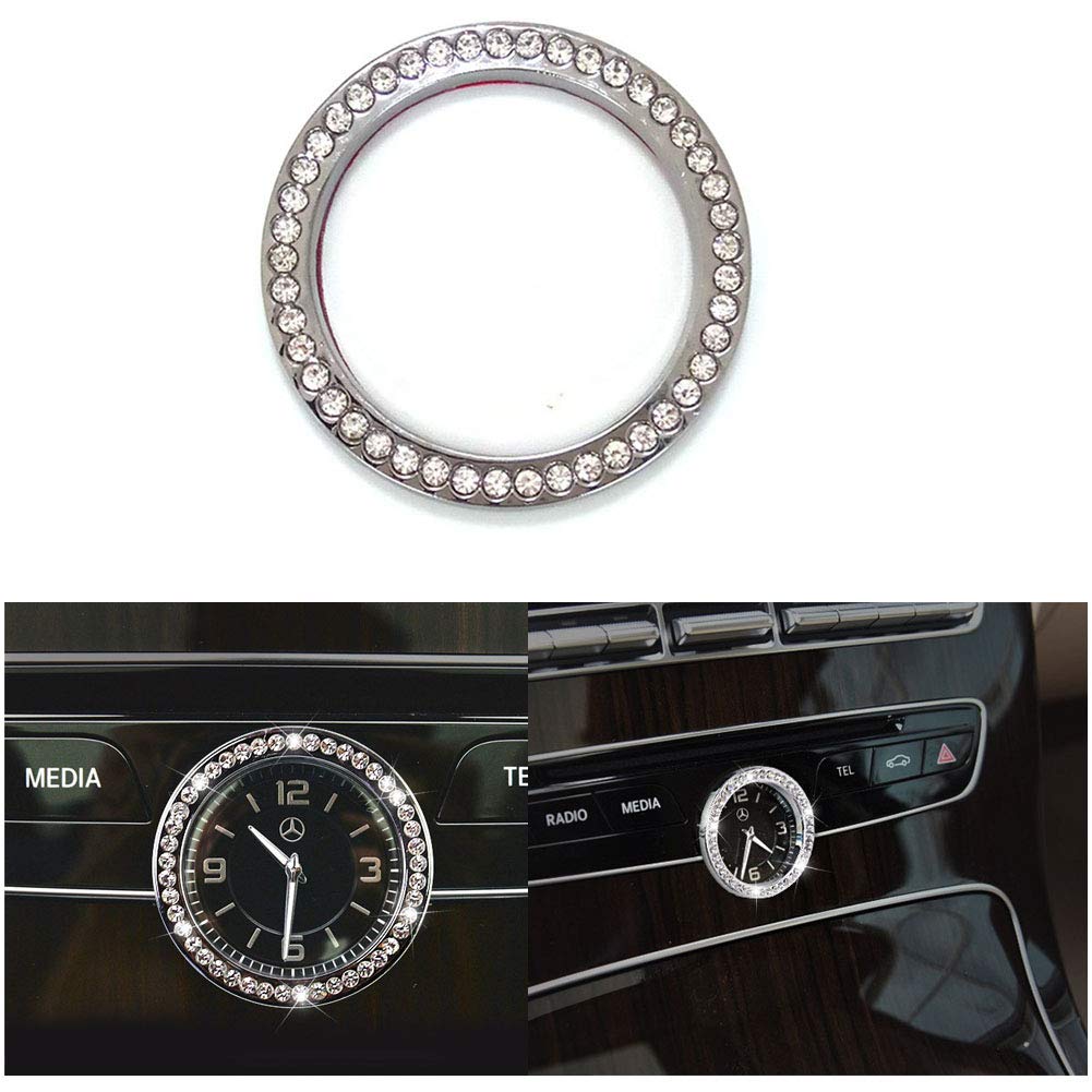 Pursuestar Bling Crystal Silver Car Central Console Round Clock Decoration Ring Cover Decals Trim for Mercedes Benz C E S GLC Class W213 E200 E300 C180 C200 C260 C300