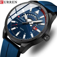 Top Brand Curren 8421 Man Quartz Watch Breathable Rubber Strap Date Display Sport Watches - BLUE
