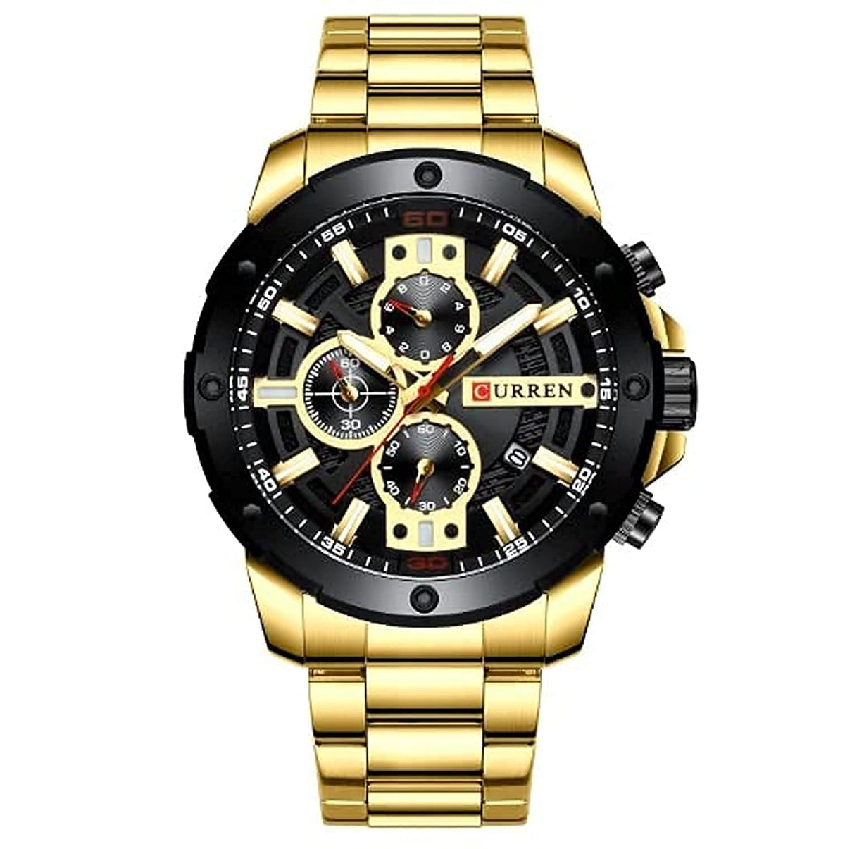 CURREN Men's Chronograph Watch Stainless Steel Case Black Dial 3 Subdials with Date Window Gold Stainless Steel Bracelet, Gold