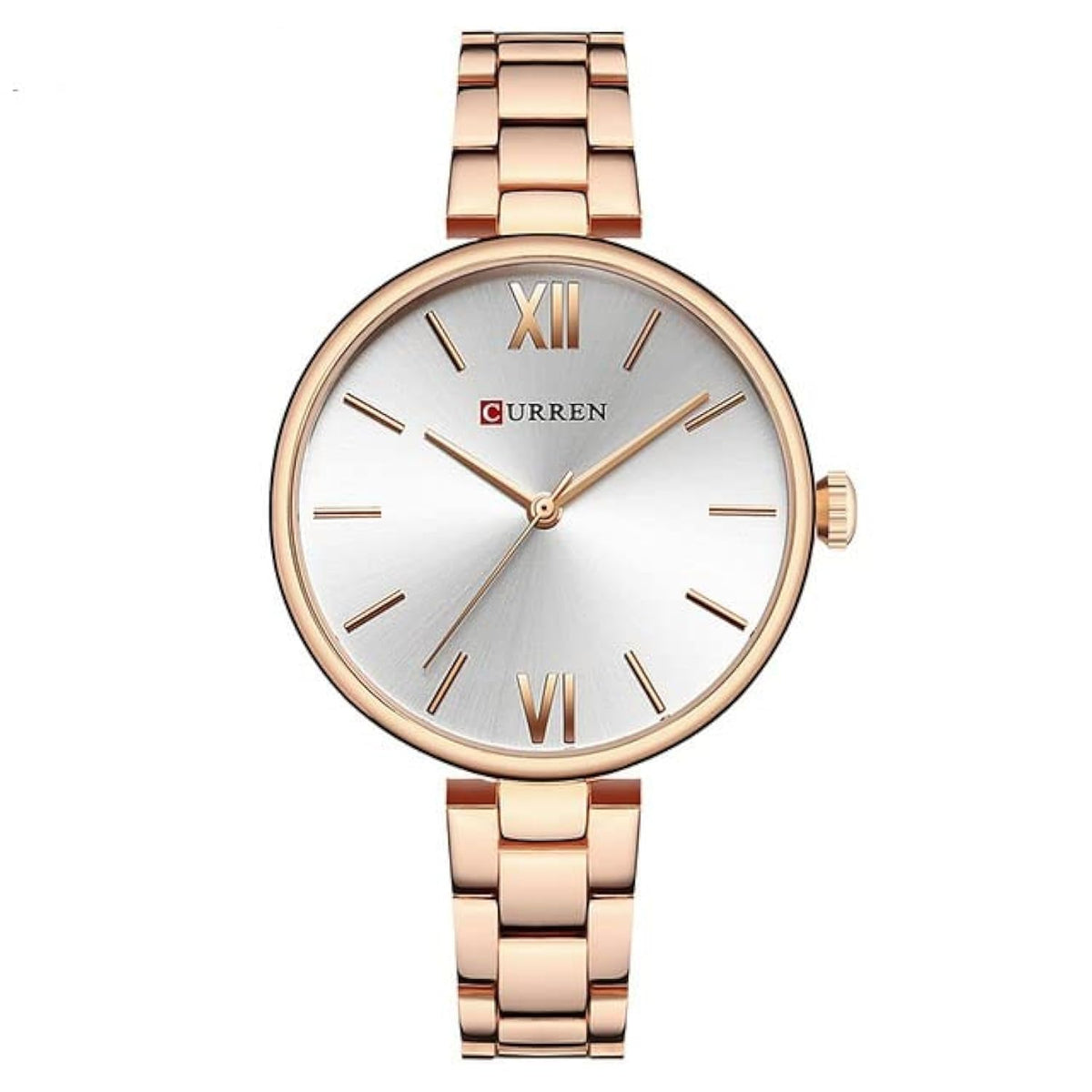 CURREN Ladies Analog Watch Rose Gold Stainless Steel Case Silver Dial Rose Gold Stainless Steel Bracelet