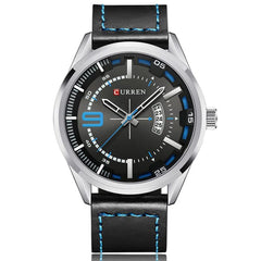 CURREN Men's Analog Watch Stainless Steel Case Black Dial Calendar Window Black Leather Strap