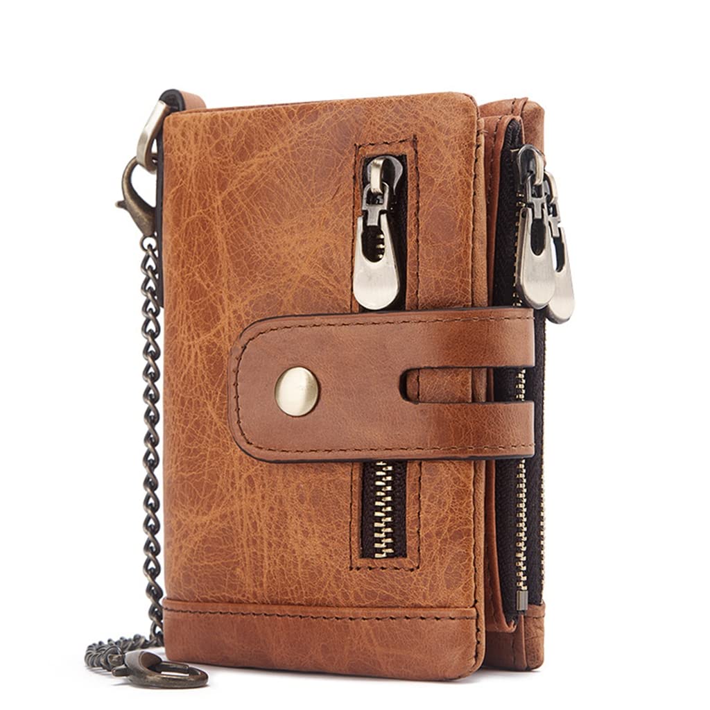 SLGOL Mens Chain Wallets with Anti-Theft Chain, Genuine Leather Purse RFID Blocking Bifold Wallet with Coin Pocket Purse (Brown)