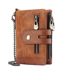 SLGOL Mens Chain Wallets with Anti-Theft Chain, Genuine Leather Purse RFID Blocking Bifold Wallet with Coin Pocket Purse (Brown)