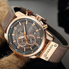 CURREN Men Leather Strap Military Watches Men's Chronograph Waterproof Sport Wrist Date Quartz Wristwatch Gifts, gold gray, Chronograph,Quartz Movement