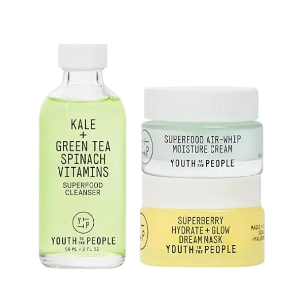 Youth To The People Travel Minis Trio, Vegan Skincare Bundle Set, Superfood Kale + Green Tea Face Cleanser (2 fl oz) + Superberry Hydrate + Glow Dream Mask (0.5 oz) + Air-Whip Moisture Cream (0.5 oz)