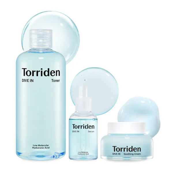 Torriden DIVE-IN Low-Molecular Hyaluronic Acid Serum, 1.69 fl oz + Toner 10.14 fl oz + Soothing Cream 3.38 fl oz | Vegan Clean Cruelty Free Facial Ampoule Moisturizer