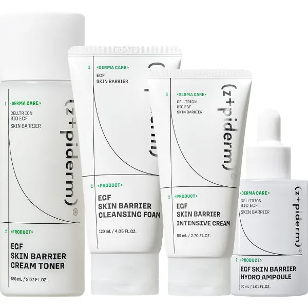 Zipiderm EGF Skin Barrier Intensive Hydration Set – Cleansing Foam + Cream Toner + Hydro Ampoule + Intensive Cream, Korean 4-Step Deep Hydration & Barrier-Repair Routine for Dry & Sensitive Skin
