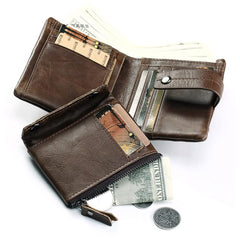 SLGOL Men‘s Leather Wallet Genuine Leather RFID Blocking Bifold Zipper Pocket Card Holder with ID Window and Card Case Purse - 828-coffee