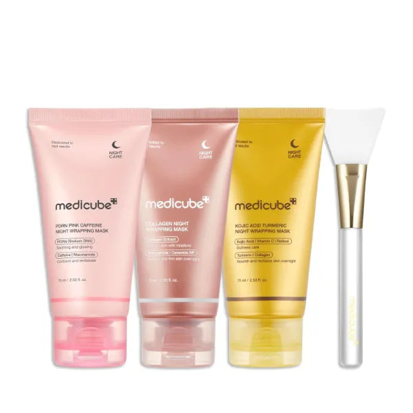 medicube Korean Overnight Glow Mask Trio, PDRN Caffeine & Collagen & Kojic Acid Turmeric 2.0 Overnight Wrapping Peel Off Facial Mask and Jelly Brush - 75ml (Pack of 3)