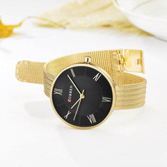 CURREN Ladies Analog Watch Gold Stainless Steel Case Black Dial Gold Stainless Steel Bracelet