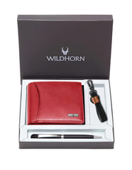WildHorn® RFID Protected Genuine Leather Wallet & Gift Combo for Men - Red M