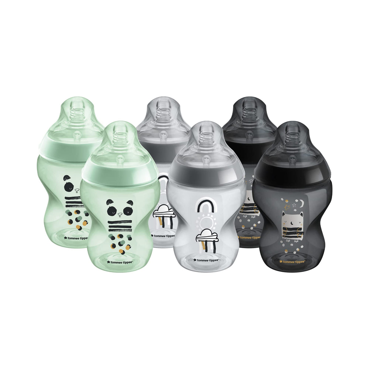 Tommee Tippee Closer to Nature Baby Bottles, Slow-Flow Breast-Like Teat with Anti-Colic Valve, 260ml, Pack of 6, Ollie and Pip