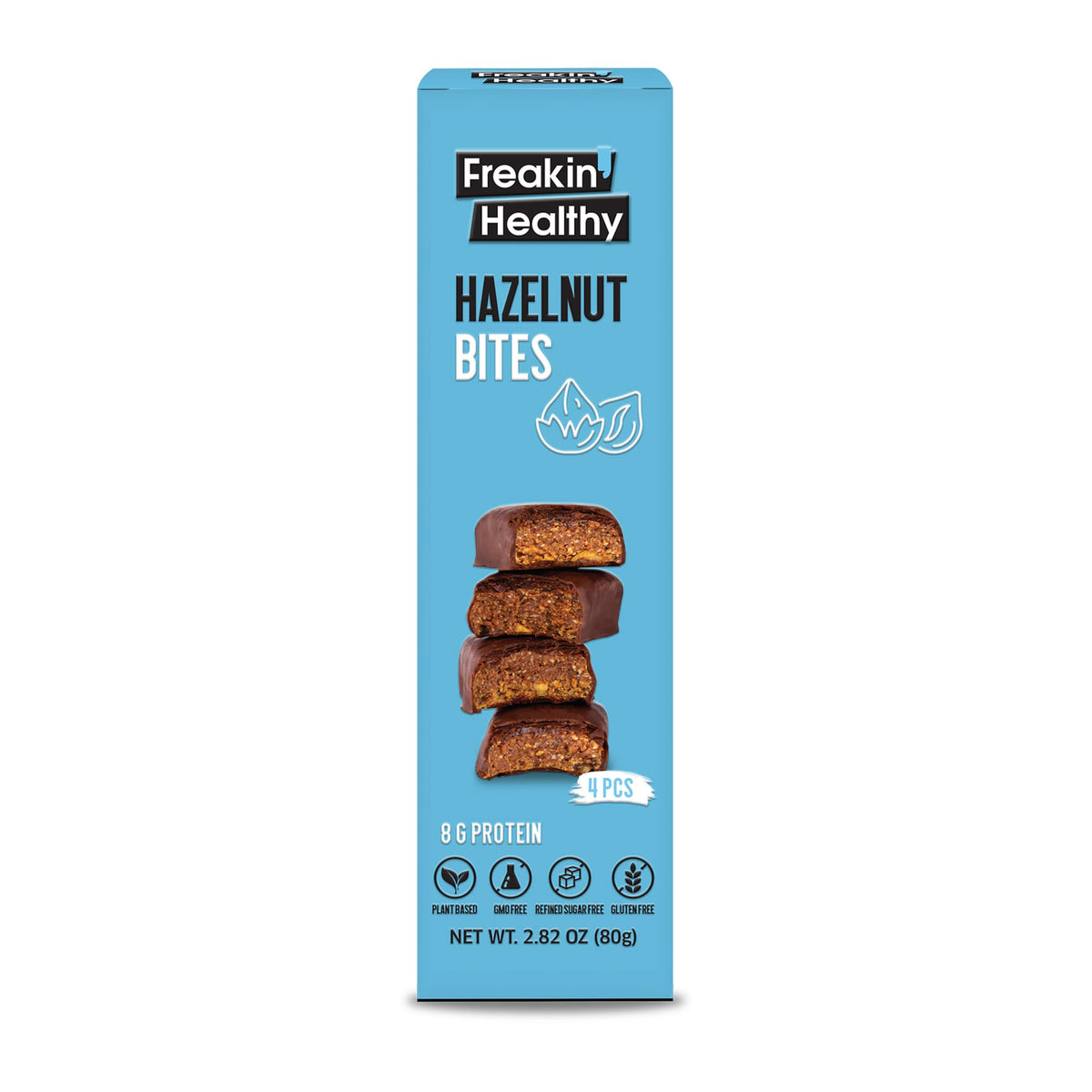 Freakin Healthy Hazelnut Bites 80g – 4 Individually Wrapped Bites, Plant-Based Protein Snack with Raw Chocolate, No Artificial Ingredients